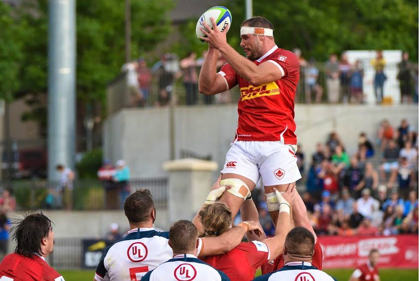 Canada captain Tyler Ardron secures lineout possession against the USA in a World Rugby Pacific Nations Cup match on July 27, 2019 in Glendale, Colorado. 