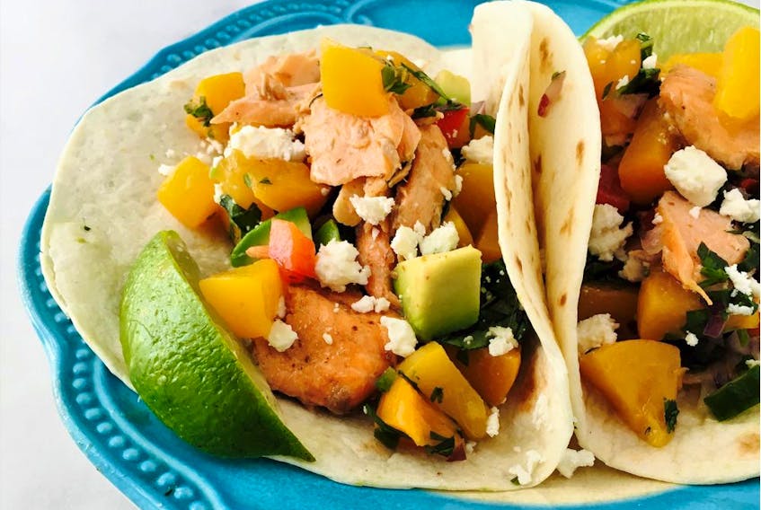 Honey Chipotle Roasted Fish Tacos with Peach Salsa (photo by Renee Kohlman)