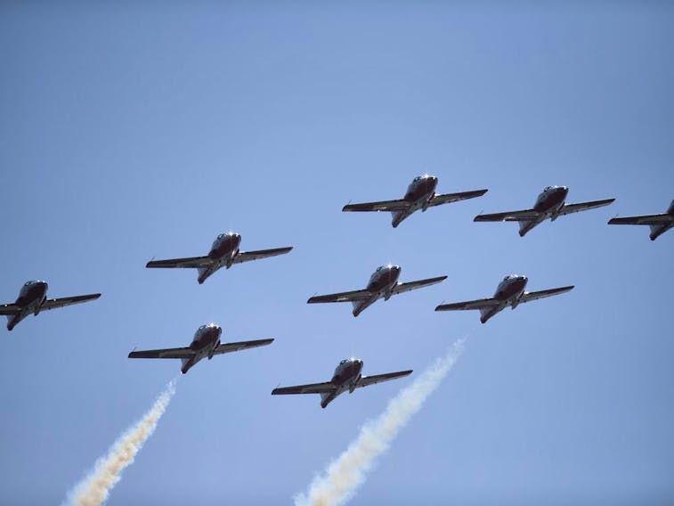 The Canadian Forces Snowbirds, 431 Air Demonstration Squadron from 15 Wing Moose Jaw, fly over Regina during their cross-country tour as part of Operation Inspiration on Thursday, May 14, 2020.   TROY FLEECE / Regina Leader-Post