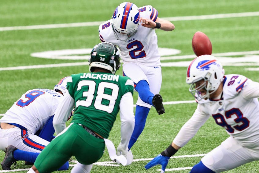 Bills kicker Tyler Bass hits one of his six field goals against the Jets.