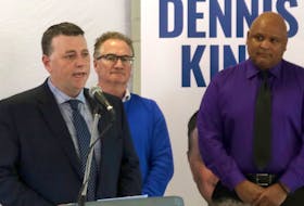 PC Leader Dennis King speaks at a party announcement on Thursday, March 28, 2019. The PCs have pledged to replace the Hillsborough Hospital, improve cancer treatment in Kings and Prince counties and create a new Wellness and Activity tax credit. With him are candidates Tim Keizer, right, and Ron Carragher.