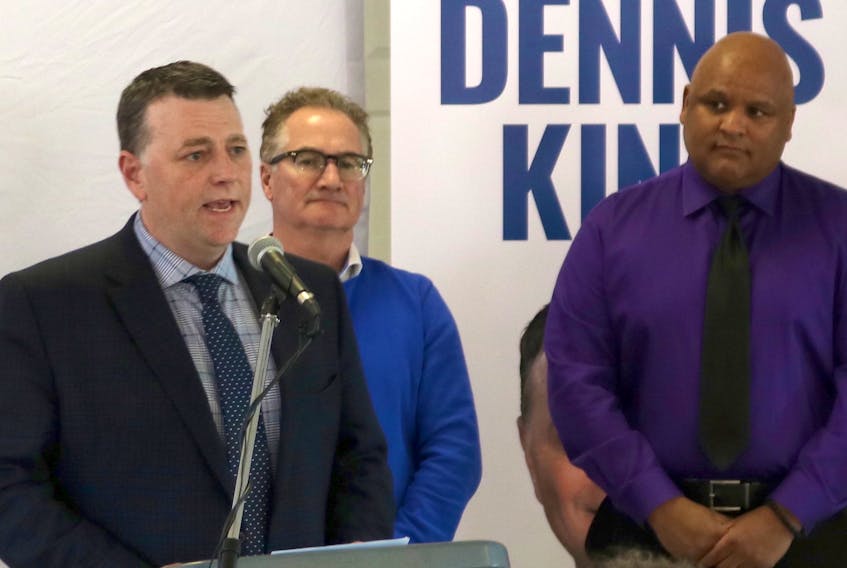 PC Leader Dennis King speaks at a party announcement on Thursday, March 28, 2019. The PCs have pledged to replace the Hillsborough Hospital, improve cancer treatment in Kings and Prince counties and create a new Wellness and Activity tax credit. With him are candidates Tim Keizer, right, and Ron Carragher.