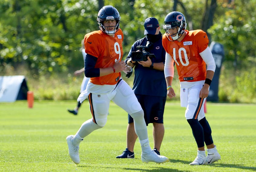 Nick Foles (left) was named the Chicago Bears starting QB over Mitchell Trubisky on Monday.