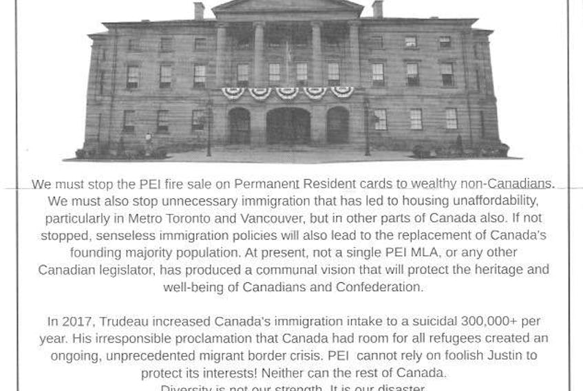 This flyer from Immigration Watch Canada was distributed across P.E.I. earlier this month.