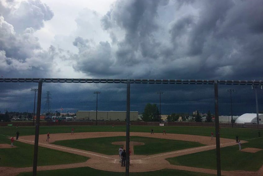 Thunderstorms and rain forced the suspension of the Cape Breton Ramblers, Ottawa game at the 2018 Canadian Senior Little League Championship in Edmonton, Alta., on Friday. The picture, posted on the tournament's official Facebook page, indicates the scene during action between the Ramblers and Ottawa, the Ontario representative.