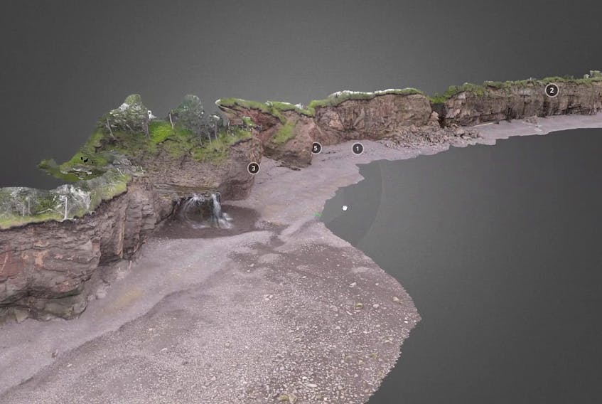A screenshot of a 3D model of Margaretsville Beach that Dalhousie University senior instructor Mike Young made for his online science courses for the upcoming fall semester. Since June, Young has taken over 50,000 photos with a drone and a handheld camera with which he has produced the 3D models.
