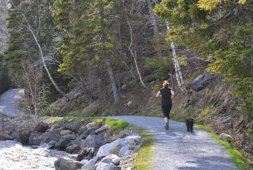 A woman and her dog hit the trails in Corner Brook for a jog. — Diane Crocker/SaltWire Network