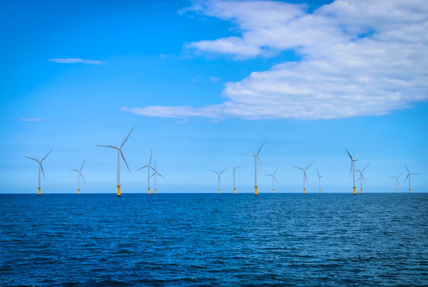 An offshore wind farm under construction off the coast of England.
