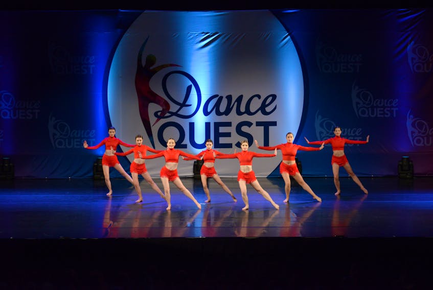 Dancers from Perpetual Motion Dance Studio will perform this Sunday at their annual Christmas demo and troupe showcase. Above, senior troupe members perform their jazz piece at a recent competition in Saint John.