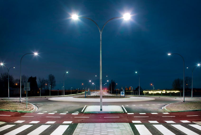 LED street lights over a roundabout.