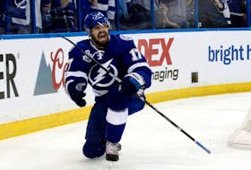 The Tampa Bay Lightning’s Alex Killorn, who grew up in Montreal, celebrates after scoring goal against the Chicago Blackhawks in Game 1 of the 2015 Stanley Cup final at Amalie Arena in Tampa.