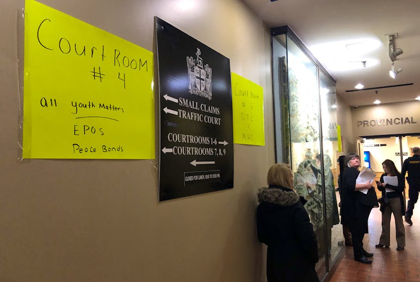 The scene at provincial court in St. John's was organized chaos Monday morning, with 478 cases called as a result of last week’s court closure. Proceedings were divided into courtrooms and yellow signs directed the crowd of people where to go. By mid-day, the crowd had dispersed. Tara Bradbury/The Telegram