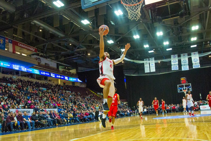 Jeff Parsons/Basketball Canada - Canada’s Kaza Kajami-Keane goes in for a layup during play in a FIBA 2019 Basketball World Cup Americas Qualifying game against Chile Thursday night at Mile One Centre. Canada won the game 85-46.