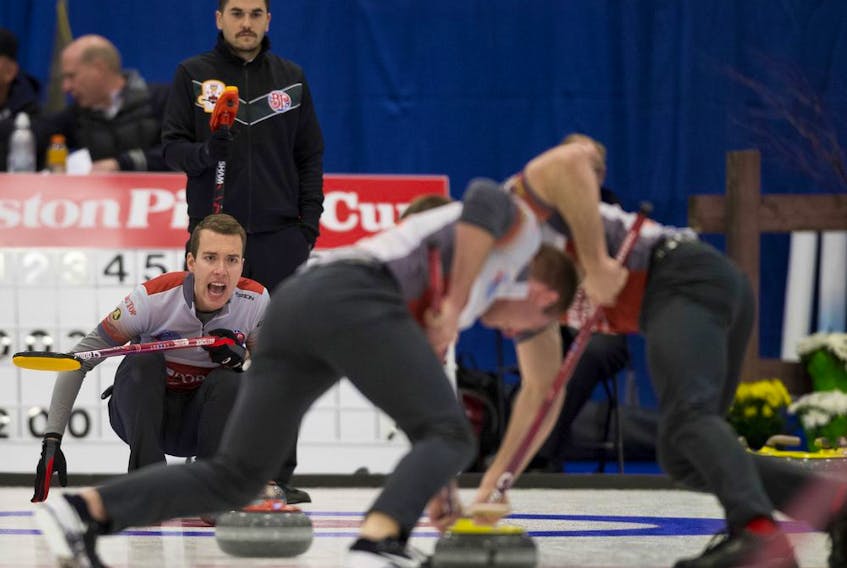 Skip Brendan Bottcher, yells at his sweepers at the 2017 Alberta Boston Pizza Cup men's curling championship in Westlock,on Wednesday February 8, 2017. 