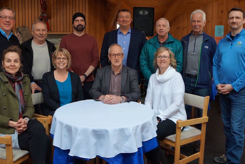 The announcement of the mental health benefit concert. Front row, from left to right: Active Living Coordinator Stacy Sheppard, Ann Lundrigan, Mayor Frazer Russell and Evelyn Tilley; and back: Coun. Paul Tilley, Deputy Mayor Heber Smith, Phantom 4 member Richard Smith, Coun. Lloyd Parrott, Coun. John Pickett, Coun. Bill Bailey and CAO David Harris.