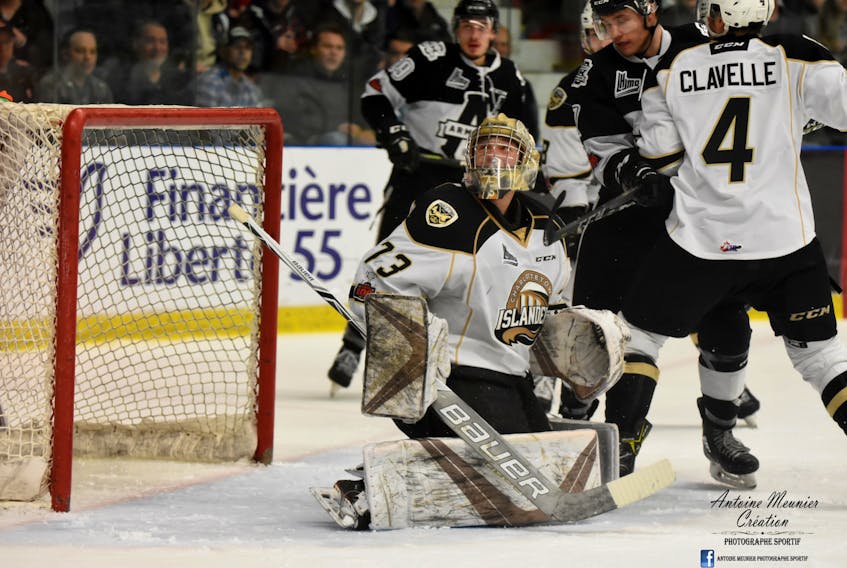 Charlottetown Islanders goalie Matthew Welsh makes a save during Game 1 action against the Blainville-Boisbriand Armada in the QMJHL semifinal. Antoine Meunier Photo