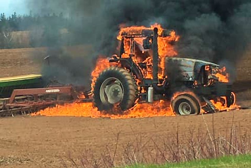 Kent MacLaren photo
A tractor was destroyed by fire near Freetown Friday afternoon.