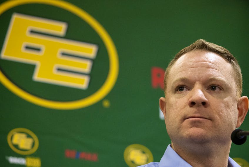 Edmonton Eskimos general manager and vice-president of football operations Brock Sunderland speaks to the media at Commonwealth Stadium in this file photo taken on Jan. 3, 2019.