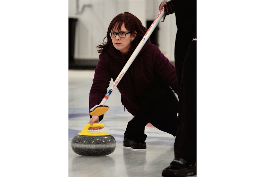 Skip Erica Curtis delivers a shot during play against Mackenzie Mitchell in the final of the 2020 Scotties provincial women’s curling championship Tuesday evening at the Re/Max Centre in St. John’s. — Keith Gosse/The Telegram