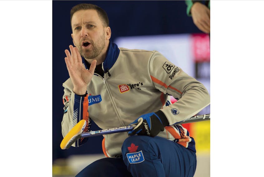 Brad Gushue calls to his sweepers during a game at the Home Hardware Canada Cup in Leduc, Alta. — Michael Burns/Curling Canada