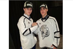 Mount Pearl native Zach Dean (left) and Olivier Boutin, from Levis, Que., congratulate each other after being selected by the Gatineau Olympiques in the first round of the Quebec Major Junior Hockey League draft Saturday in Quebec City. Dean, a centre who played for a midget team in Toronto last season, went fourth overall, while Boutin, a defenceman, was the 13th selection in the draft. — Gatineau Olympiques/Twitter