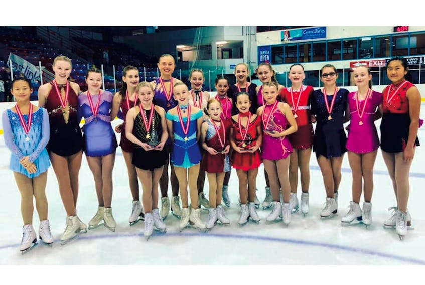 Medal-winners in the Skate Canada Newfoundland and Labrador sectionals, held recently at the Glacier in Mount Pearl include (from left), front row: Maddison Billiard-Abbott Rachel Tuff, Jasmine Wheadon, Beau Callahan and Claire Farrell, back row: Joanna Li, McKenna Mercer, Dayton Fifield, Rebecca Bennett, Abby Pace, Katie Slaney, Keira Fewer, Jillian Andrews, Chloe Keefe, Sarah Kent, Natalie Caines, Kaleigh Allen and Julia Yang. — Submitted/Skate Canada NL