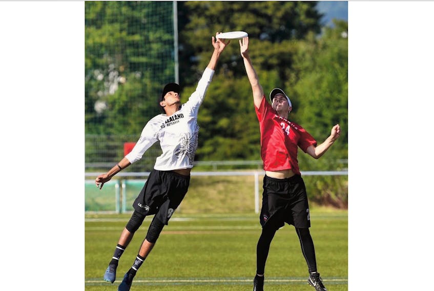 Luke Dyer of Canada (right) and New Zealand’s Altaaf Ali go up for the disc during their game at the world ultimate men’s under-24 championship at Heidelberg, Germany earlier this week. Canada won the game. — Ultimate NL/Twitter