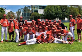 Members of the Canadian team, including Newfoundlander Heather Healey (18, bottom right), celebrate after winning a bronze medal at the COPABE women’s baseball qualifying tournament in Aguascalientes, Mexico. Their finish ensures the Canadians will participate in the 2020 World Cup. — Baseball Canada/Twitter