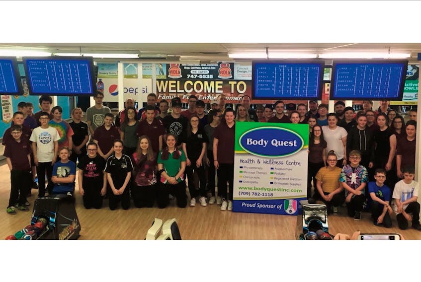 Competitors in the Newfoundland Bowling Tour’s 2019 Body Quest Youth Classic pose with some of the NBT’s adult bowlers at Paradise Lanes.