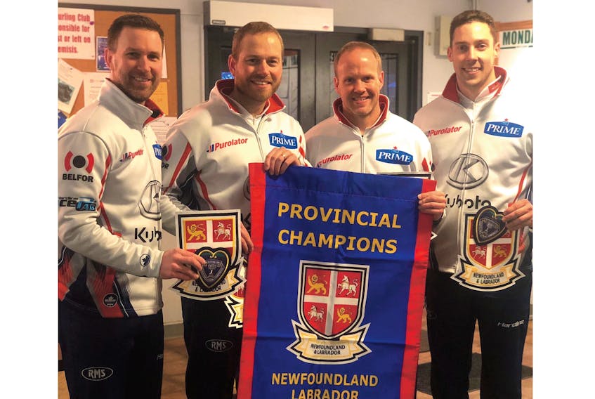 This is the sixth season together for the team of (from left) Brad Gushue, Geoff Walker, Mark Nichols and Brett Gallant, shown after winning the Newfoundland and Labrador Tankard provincial men’s curling championship in St. John’s earlier this month. In the previous five years, they made it to the Brier’s final four each time, winning the title twice. — Twitter