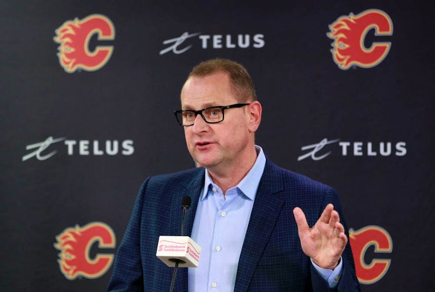 Calgary Flames GM Brad Treliving talks with media after the team cleaned out their lockers on Monday April 22, 2019. Gavin Young/Postmedia