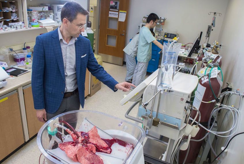 Dr. Darren Freed with a prototype ex vivo organ perfusion machine that was keeping swine lungs viable. The goal is to develop a better method to transport organs between donor and recipient on July 23, 2019. Photo by Shaughn Butts / Postmedia