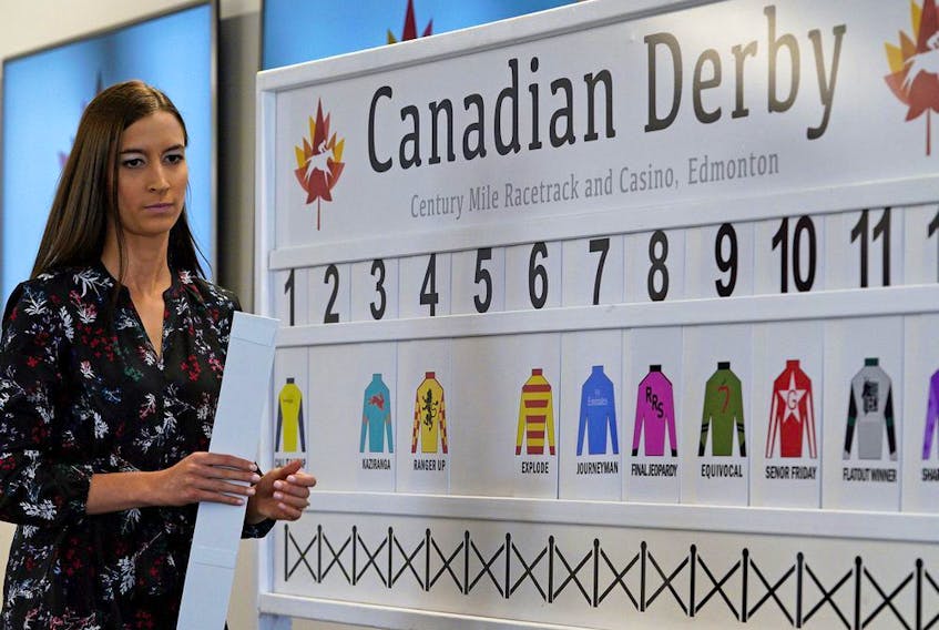 Marina Law (Marketing Manager, Century Mile Racetrack and Casino) posts the order on the post position draw board for the 90th running of the Canadian Derby at Century Mile Racetrack on Wednesday August 14, 2019.