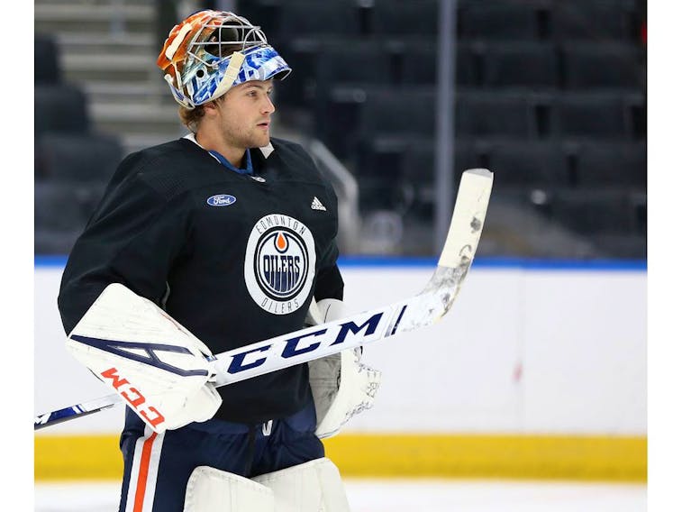 Goaltender Stuart Skinner is seen during a drill at Edmonton Oilers Rookie Camp at Rogers Place in Edmonton, on Sunday, July 8, 2019. 