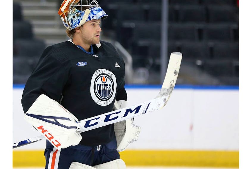 Goaltender Stuart Skinner is seen during a drill at Edmonton Oilers Rookie Camp at Rogers Place in Edmonton, on Sunday, July 8, 2019. 
