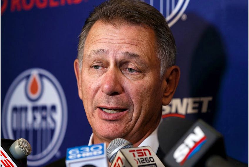 Ken Holland, General Manager and President of Hockey Operations, speaks during a press conference during Edmonton Oilers Training Camp at Rogers Place in Edmonton, on Wednesday, Sept. 18, 2019.