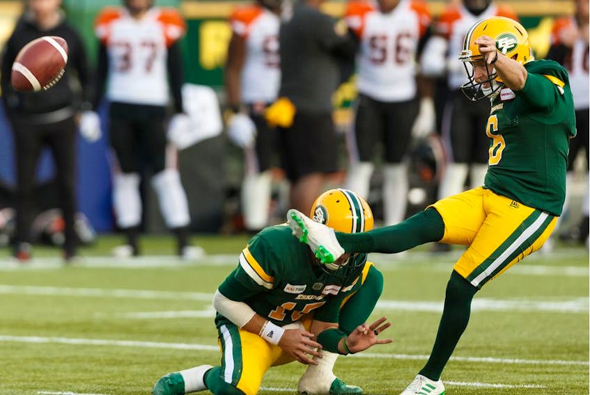 Edmonton Eskimos kicker Sean Whyte boots a field goal on the B.C. Lions during CFL action at Commonwealth Stadium in Edmonton on Oct. 12, 2019.  