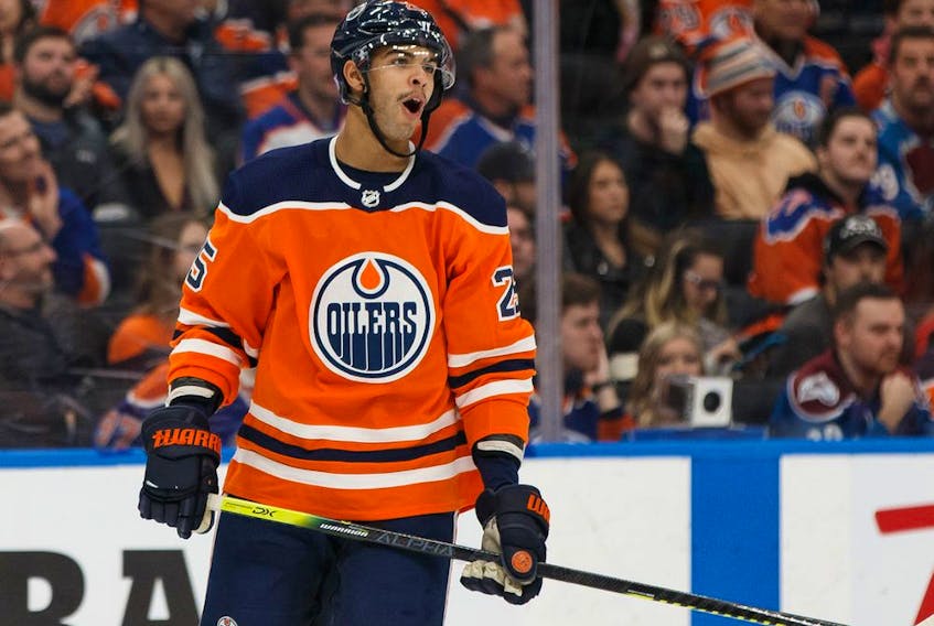 Edmonton Oilers' Darnell Nurse (25) reacts to a penalty in a game against the Colorado Avalanche  at Rogers Place on Thursday, Nov. 14, 2019. 