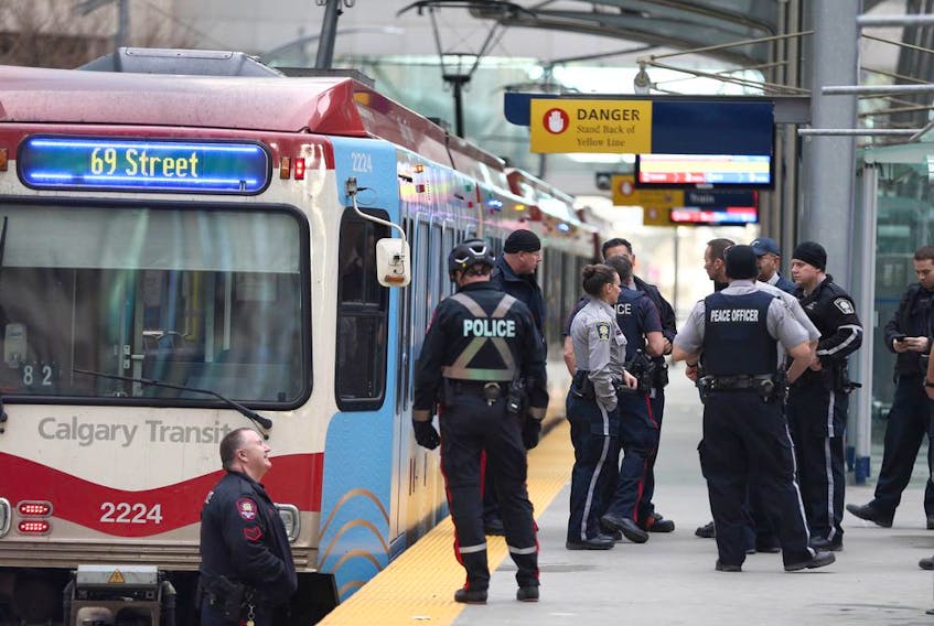 Calgary Police and Transit officers are at the scene of a serious assault on a CTrain in downtown Calgary on Friday, November 15, 2019. One male was taken to hospital and the offender is at large. 