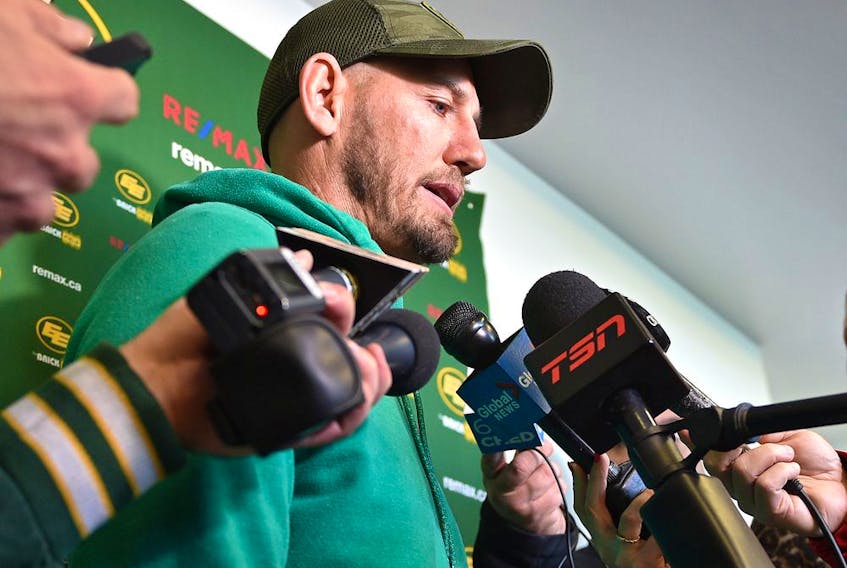 Eskimos head coach Jason Maas speaks to the media after their season ended in the Eastern Finals Sunday losing to Hamilton in Edmonton, November 18, 2019. 