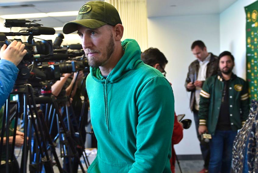 Eskimos head coach Jason Maas leaving after speaking to the media at the seasons end news conference after losing in the Eastern Finals Sunday to Hamilton in Edmonton, November 18, 2019. 