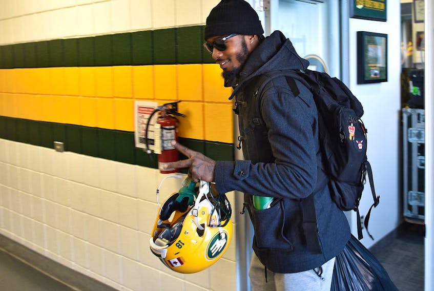 Eskimos wide receiver Kevin Elliott bags packed walking out of the dressing room after their season ended in the Eastern Finals Sunday losing to Hamilton in Edmonton, November 18, 2019.  