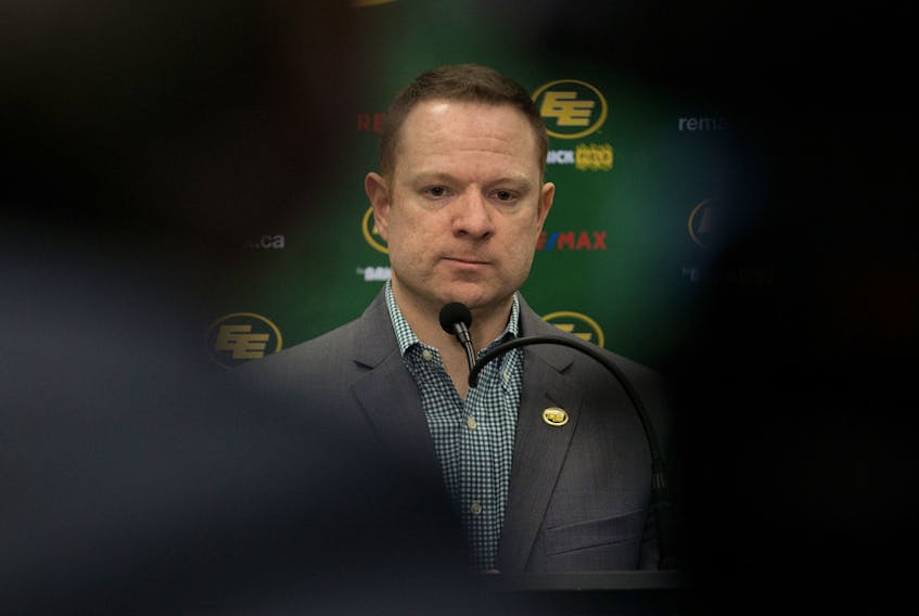 Edmonton Eskimos general manager and vice-president of football operations Brock Sunderland speaks to the media during a press conference in this file photo from Nov. 27, 2019.