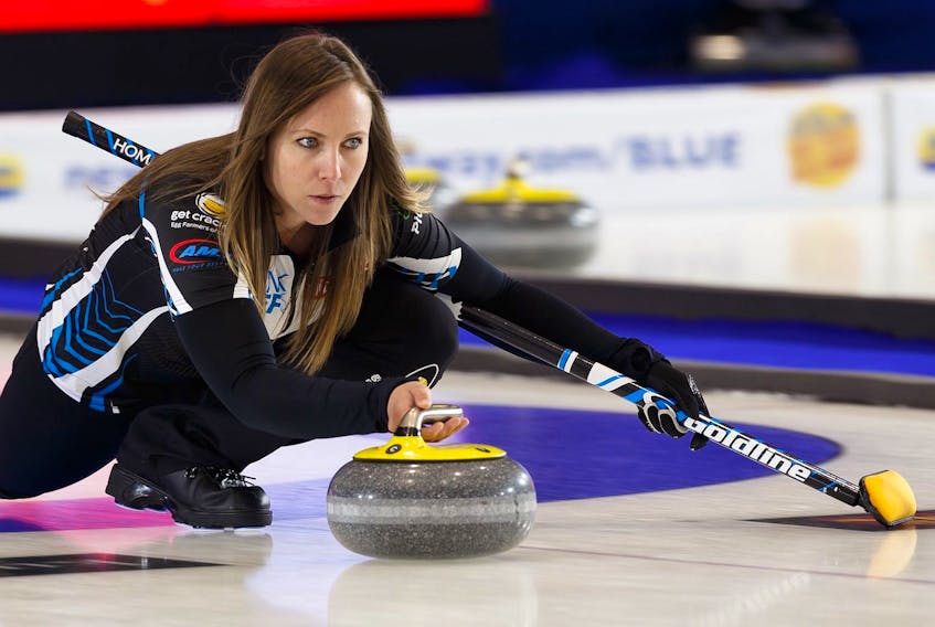 Skip Rachel Homan shoots during a game with Team Silvernagle during 2019 Home Hardware Canada Cup play at Sobey's Arena in the Leduc Recreation Centre in Leduc, on Wednesday, Nov. 27, 2019. 