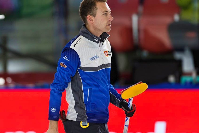 Skip Brendan Bottcher is seen during a game with Team Gushue during the 2019 Home Hardware Canada Cup play at Sobey's Arena in the Leduc Recreation Centre in Leduc, on Wednesday, Nov. 27, 2019.