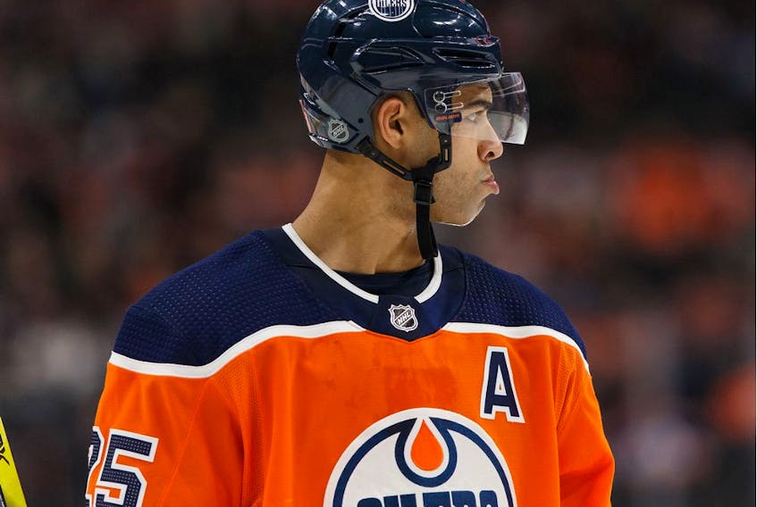 Edmonton Oilers' Darnell Nurse (25) makes a face as the team approaches a 5-2 loss to the Ottawa Senators during the third period of a NHL hockey game at Rogers Place in Edmonton, on Wednesday, Dec. 4, 2019. 