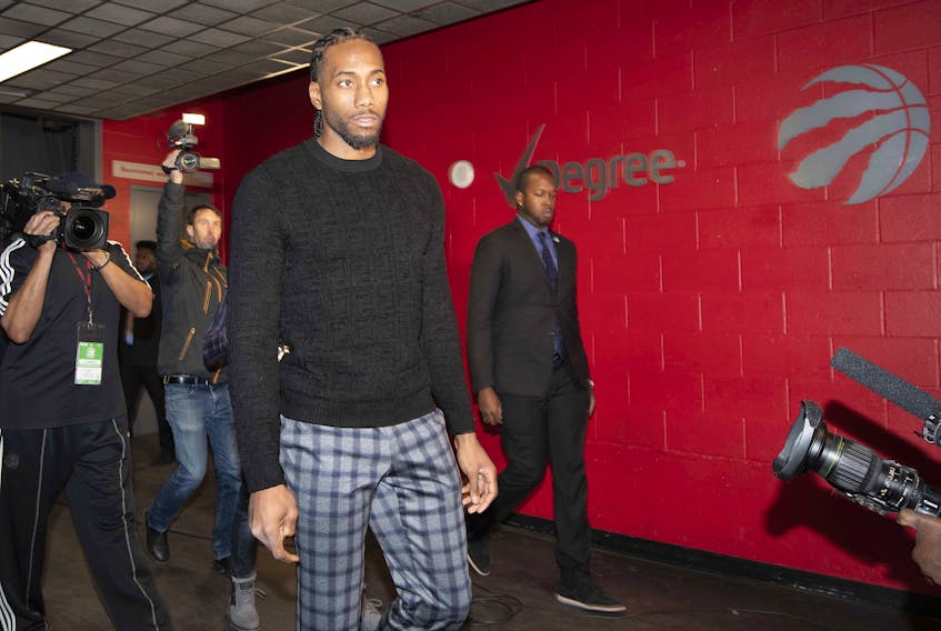 Clippers forward Kawhi Leonard (2) arrives at the Scotiabank Arena before a game against the Toronto Raptors.Nick Turchiaro-USA TODAY Sports ORG 