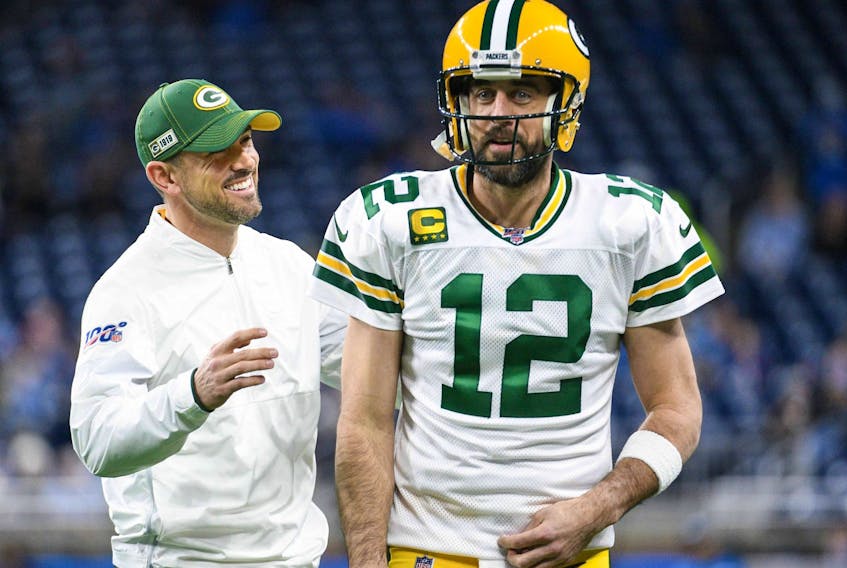 Over two seasons, Packers head coach Matt LaFleur (left) and quarterback Aaron Rodgers are 28-7.