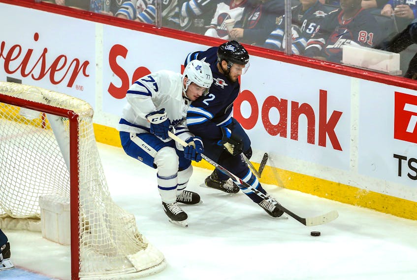 Adam Brooks during one of his seven games with the Toronto Maple Leafs this season. Brooks was signed to a new contract on Thursday.