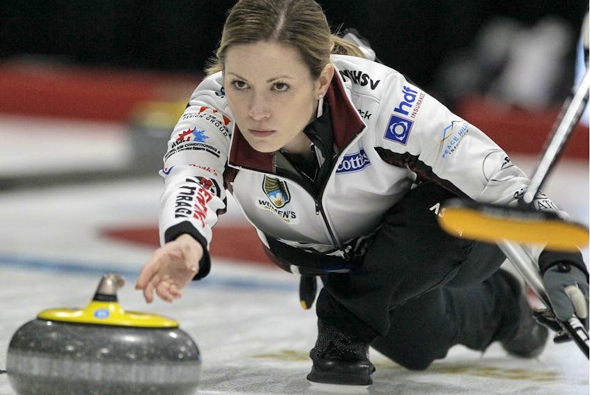 Skip Laura Walker of Team Walker throws the rock as Team Rocque and Team Walker meet in semi-final action at the Alberta Scotties Tournament of Hearts in Okotoks on Saturday, January 25, 2020. B 